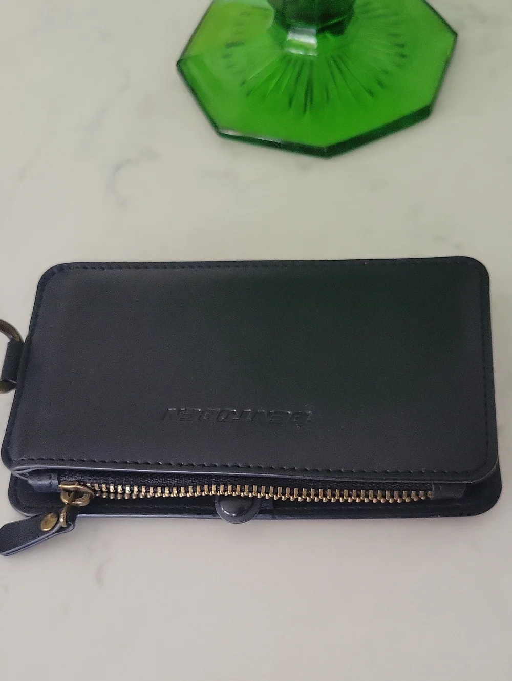 Bentoben Black Leather Wallet with Gold Zipper